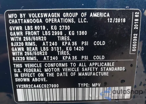 2019 Volkswagen Atlas 3.6L V6 Sel R-Line z USA, uszkodzony, nr VIN 1V2RR2CA4KC527990